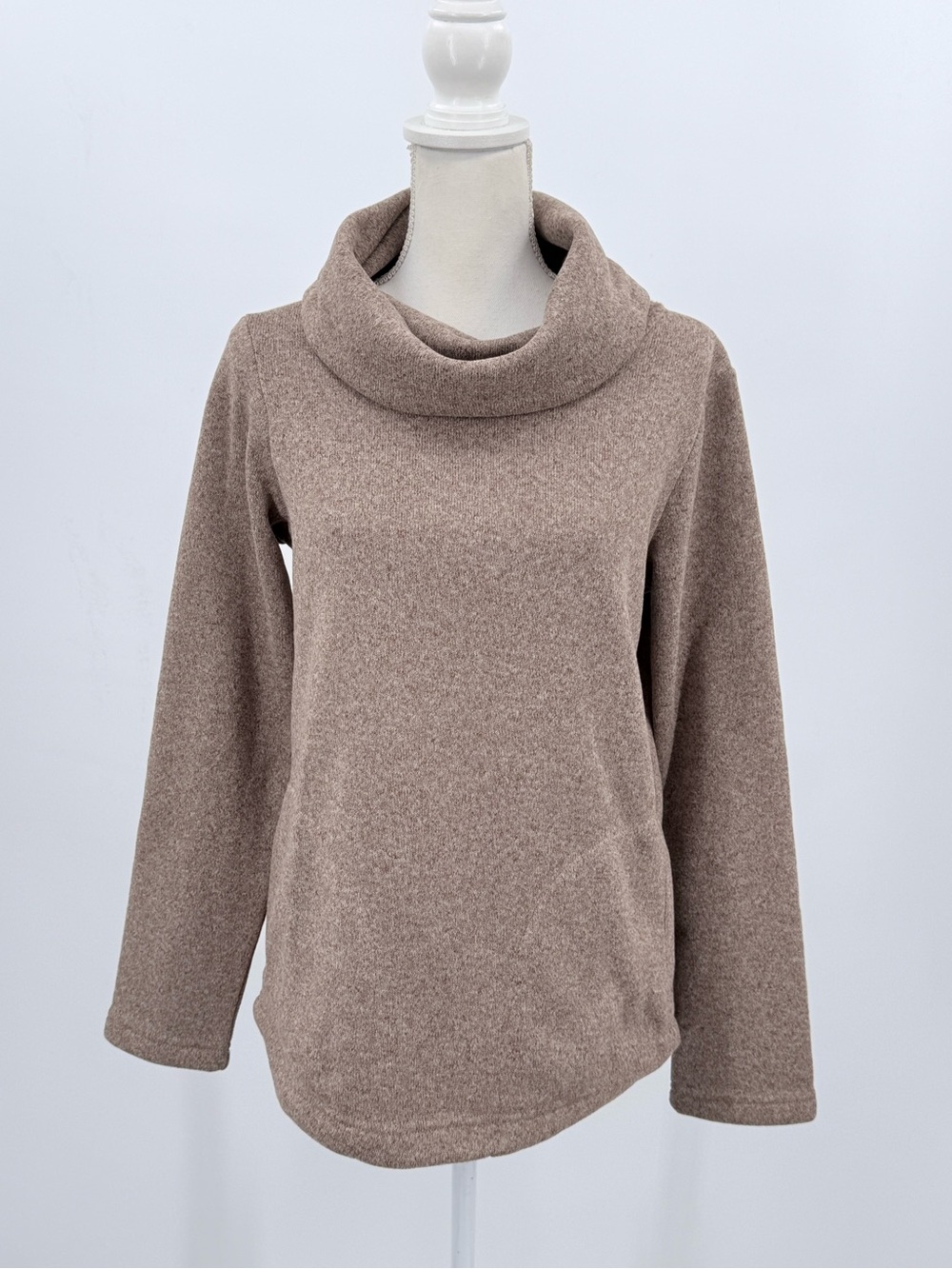 L.L.Bean Sweater Fleece Pullover Women Small Heathered Taupe Cowl Neck Pocketets